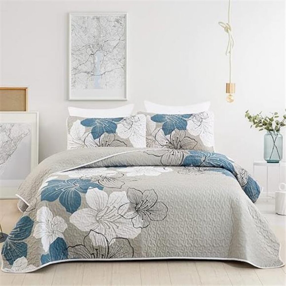 3 Pieces Quilt Set California King Blue Floral Pattern Quilt Coverlet - Picture 8 of 8